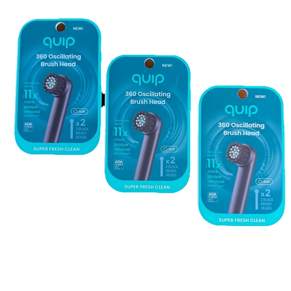 QUIP 360 Oscillating Electric Toothbrush Heads Refill, Black, Soft 6 Total Heads